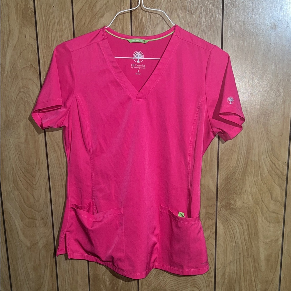 Women's Healing Hands V-Neck Scrub Top and Pant Set  in Bright Pink